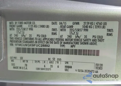 2015 Ford Escape Se z USA, uszkodzony, nr VIN 1FMCU9GX9FUC28892